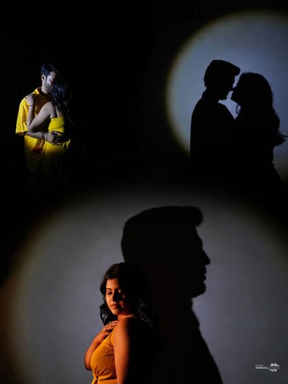 An artistic collage playing with light and shadow. These creative shots use spotlights to create dramatic silhouettes and highlight the couple in unique ways.
