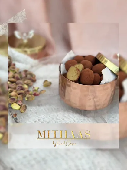 My Pistachio Truffles are crafted from 100% pure pistachio paste, with no artificial colours. Served here in a hammered copper bowl, their natural vibrancy and rich, nutty flavour offer a taste of pure, unadulterated luxury.