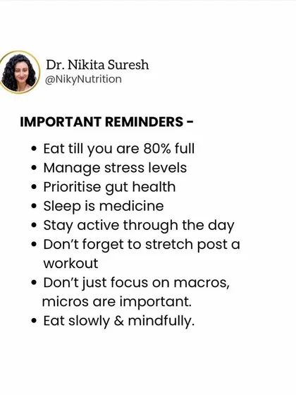 Some important reminders for a healthy lifestyle. Focus on eating until you're 80% full, managing stress, prioritizing sleep, and eating mindfully. Small habits create big changes.