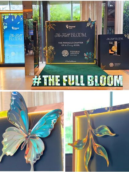 A collage showcasing the different elements of the Piramal 'The Full Bloom' activation, from the main stage to detailed close-ups of the decor. This shows how a single theme can be woven through multiple installations.
