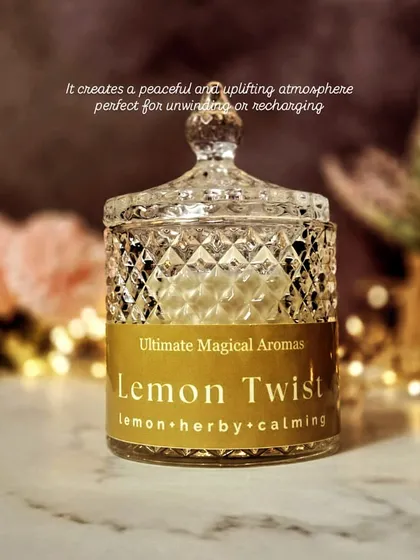 The Large Crystal Jar Candle in 'Lemon Twist'. Its lemon, herby, and calming fragrance creates a peaceful and uplifting atmosphere, perfect for unwinding or recharging.