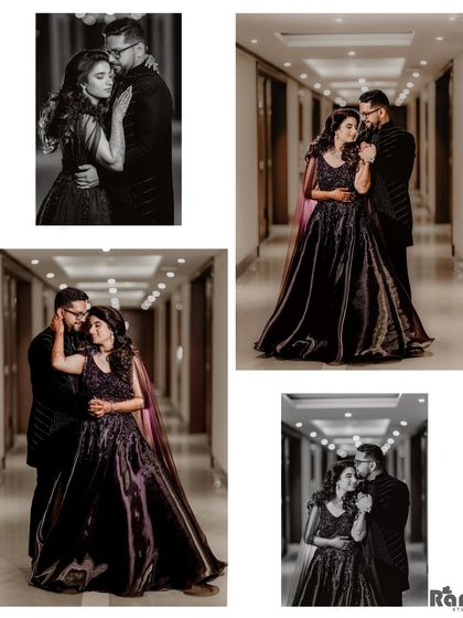 This collage showcases a glamorous indoor shoot in a hotel corridor. The mix of color and black and white portraits highlights the couple's dramatic poses and elegant evening wear.