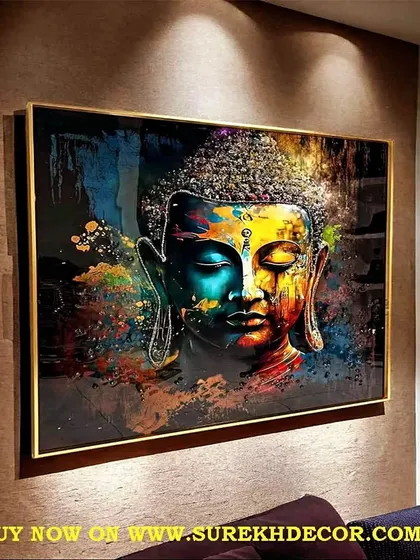 A vibrant and colorful crystal painting of Lord Buddha, this 24x36 inch artwork is a modern interpretation of a spiritual icon. The abstract splashes of color bring energy and peace to your space.