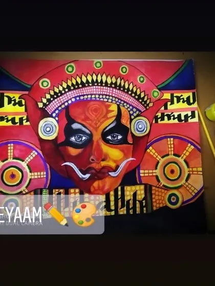 This artwork is inspired by Theyyam, a sacred ritual performance from Kerala where artists embody deities. I wanted to capture the divine intensity of the performer's face, using bold reds and intricate patterns to represent the elaborate costume and makeup.