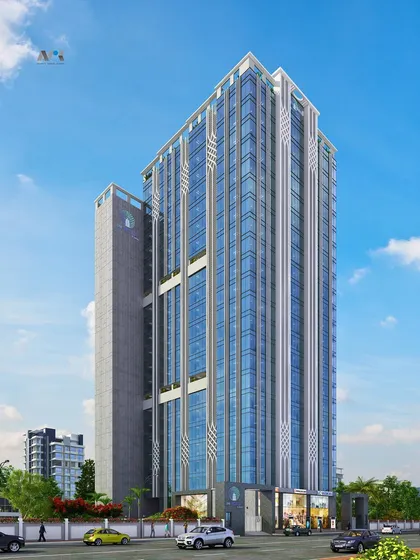 A daytime render of the ONE WORLD commercial tower. The design incorporates a sleek glass facade with strong vertical elements, creating a sophisticated and modern office building.