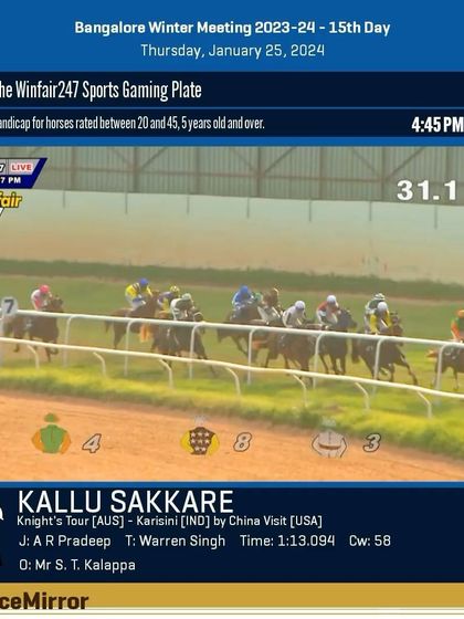 Race 7 results from January 25, 2024: Kallu Sakkare wins The Winfair247 Sports Gaming Plate.