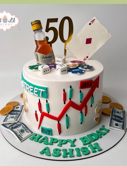 Right on the money! A stock market-themed cake for Ashish's 50th birthday, complete with buy/sell charts, edible money, and poker chips.