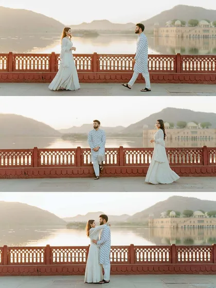 A sequence of three images telling a short story of the couple meeting and embracing on the walkway at Jal Mahal.