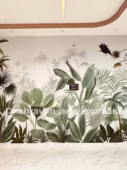 An urban jungle can be both calming and chic. For this bedroom, I created a layered tropical mural in a monochrome palette, turning the wall into a serene, sophisticated escape. It proves that nature-inspired art can be modern and fit perfectly in a contemporary home.
