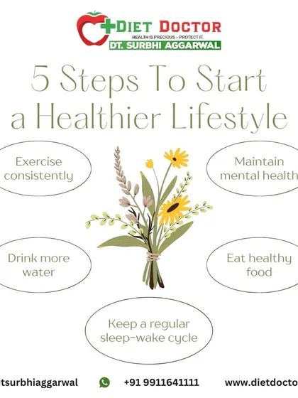 Starting a healthier lifestyle can be broken down into five simple steps. I work with clients to exercise consistently, eat healthy food, drink more water, maintain a regular sleep cycle, and manage mental health.