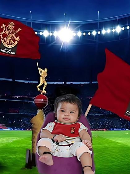 For the littlest RCB fan! A fun, digitally created image placing the baby in a cricket stadium, showing support for the home team.