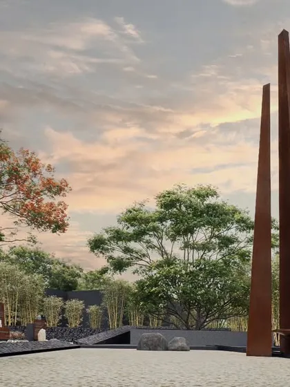 This rendering of the SMGR Memorial in Chitradurga captures the project's core purpose of remembrance. The design uses sculptural forms and a carefully considered landscape to guide visitors on an immersive journey, merging architecture with the site's natural contours to create a space for reflection.