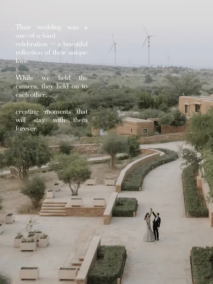 A wide, atmospheric shot of the couple dancing in the sprawling grounds of Suryagarh. The text overlay tells a story, emphasizing the unscripted moments that happen while I hold the camera.