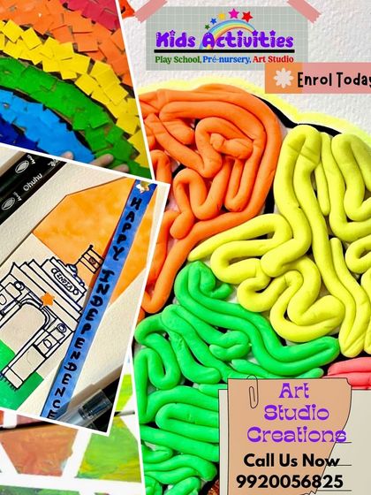 A collage showcasing the variety of creations from our art studio. From colorful clay models of the brain to patriotic art, we encourage children to explore diverse materials and themes.