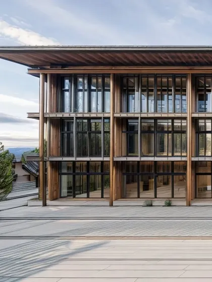 A symphony of textures and elements. This building's facade showcases the transformative power of materials, with a strong rhythm of wood and glass creating a powerful connection to the surrounding landscape.