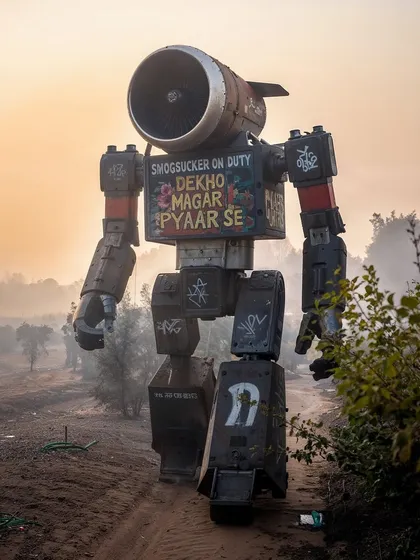 A 'Smogsucker' on duty in a rural, smog-filled landscape, with graffiti that reads 'Dekho magar pyaar se'. The addition of the classic truck slogan adds a touch of Indian road culture to the machine.