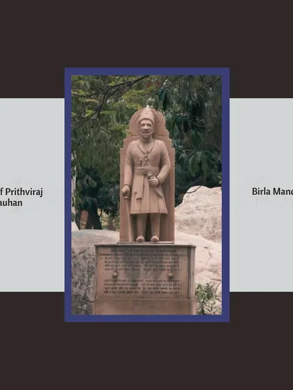 A statue of Prithviraj Chauhan at Birla Mandir. On my walks, I often use such representations to discuss how historical figures are remembered and politicized through legends and popular narratives, referencing academic works like Cynthia Talbot's "The Last Hindu Emperor".