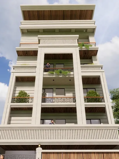 A daytime render of the classic facade, showcasing the vertical double-height massing and earthy appearance. The design balances grand classical proportions with clean lines for a neo-classical aesthetic.