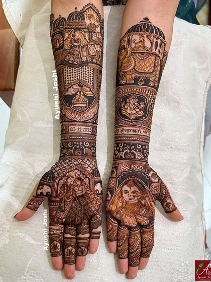A story of a royal wedding procession. This design features the bride's entry, the groom on an elephant, the Gathbandhan ceremony, and a portrait of Lord Ganesha for blessings.