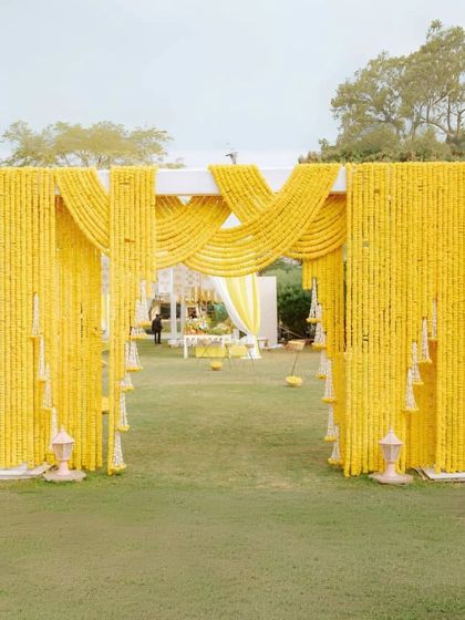 A massive and impressive entrance gate for an outdoor Haldi or Mehndi, constructed entirely from draped yellow marigold garlands. This design makes a bold and traditional statement right from the start.