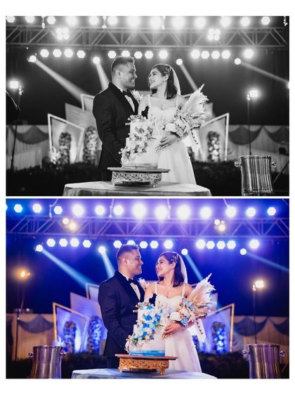 A color and black and white diptych of the cake cutting ceremony. This shows how different editing styles can capture the same celebratory moment.