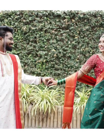 A beautiful "follow me" style shot, with the bride leading the groom, full of love and happiness.
