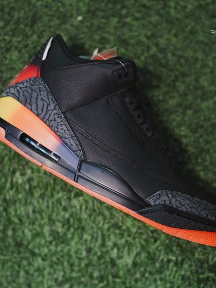 A side profile of the Jordan 3 J Balvin 'Rio', giving a clear view of the entire shoe and its balanced design.