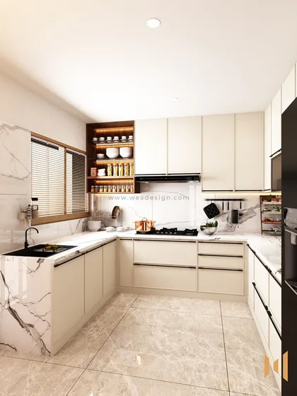 Another angle of the U-shaped luxury kitchen, highlighting the open spice rack and the seamless finish of the countertops.
