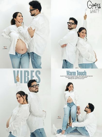 A fun and energetic collage from a casual studio session. The couple, dressed in white shirts and jeans, makes playful poses, showing their excitement for the 'Guess What?' moment.