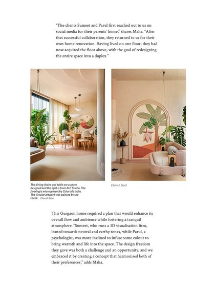 This AD India spread discusses how we balanced our clients' preferences for neutral tones and pops of color to create a harmonious and tranquil atmosphere.