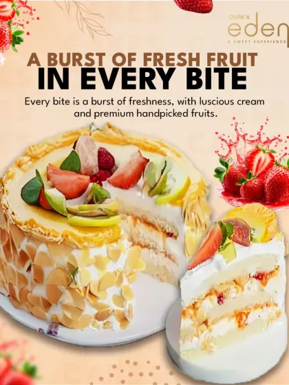 A burst of fresh fruit in every bite. This image shows a slice of my mixed fruit cake, revealing the layers of cream and handpicked fruits inside.