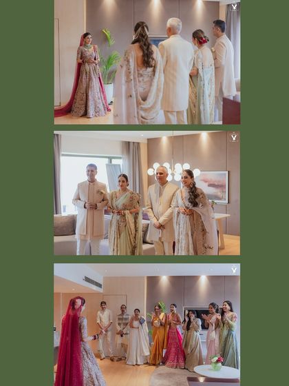 A collage of the bride's reveal to her family. Their emotional and joyful reactions are a beautiful testament to the love that surrounds her on her wedding day.