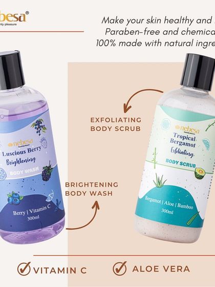 I've created a body wash duo to target different skin concerns. My Tropical Bergamot scrub exfoliates with aloe vera, while the Luscious Berry body wash brightens with Vitamin C. Both are paraben-free and made with natural ingredients.