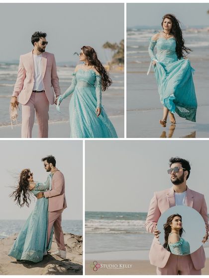 A collage from a Goa beach shoot, featuring creative shots like a portrait reflected in a mirror. This shows how I incorporate artistic elements into a classic beach pre-wedding session.