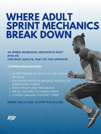 This infographic breaks down where adult sprint mechanics often fail. Common issues like overstriding, excessive vertical bounce, and long ground contact times keep output low even when effort feels high. Our Speed & Power Masterclass is built to fix this.