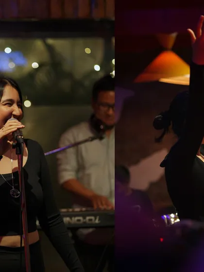 A split image showing two sides of a performance: a happy, smiling interaction and a moment of pure vocal power.
