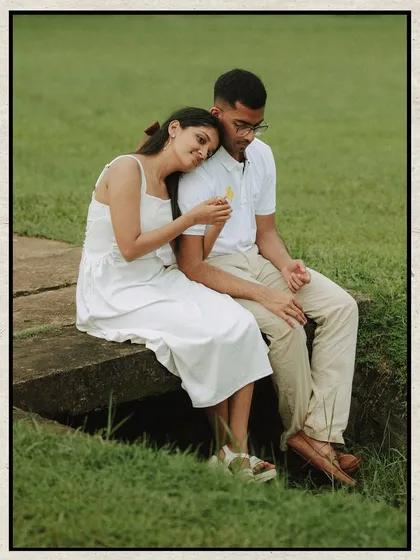 A quiet moment of togetherness for Fiona and Austin. This shot from their engagement session captures the gentle, easy comfort they find in each other's company.