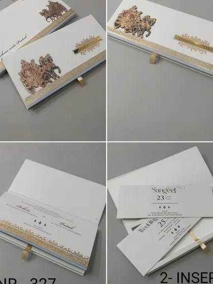 For a clean and royal look, this white and rose gold boxed invitation is a perfect choice. The set includes a main box with a metallic baraat carriage emblem, along with matching inserts for your Sangeet and Wedding events.