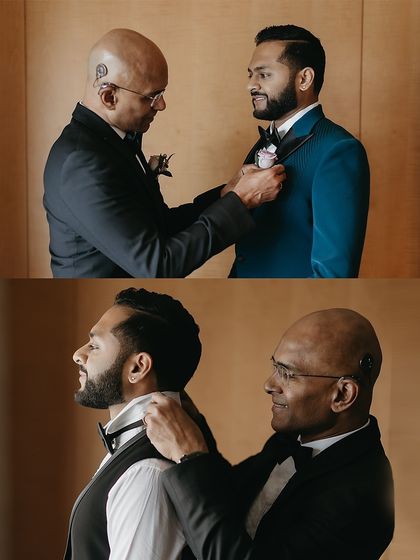 The bond between a father and son, captured in the quiet moments before the ceremony. The father adjusts his son's bow tie, both dressed in classic tuxedos. We styled the groom in a unique teal jacket to give him a distinctive look, while the father's timeless black tux provides a perfect anchor.