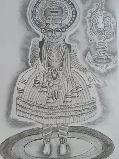 A charcoal drawing of a Kathakali dancer by my student Sanchitha. This piece captures the elaborate costume and expressive nature of the traditional dance form.
