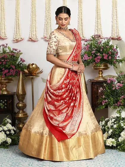 The full look with the draped Banarasi dupatta, showcasing its versatility and timeless elegance.