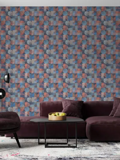 A bold and colorful geometric pattern from our Modern Art collection. The interplay of circles and squares in multiple shades creates a dynamic and energetic feel, perfect for a contemporary living room or creative space.