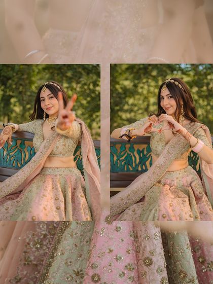 A playful collage of the bride making a peace sign and a heart shape with her hands.