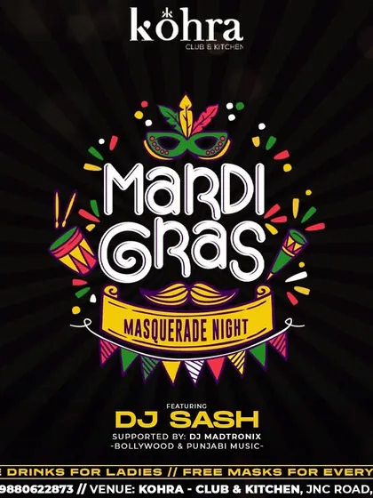 A poster for a 'Mardi Gras' Masquerade Night at Kohra, where everyone gets a free mask to join the fun.