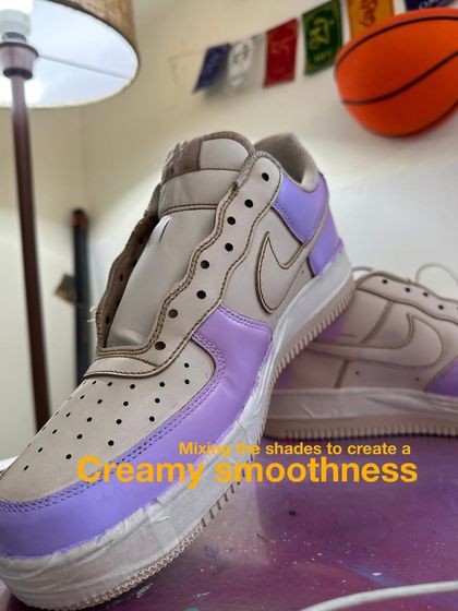 The painting begins. Here I'm adding the first layers of creamy lavender for the paisley design on the coffee-dipped base.