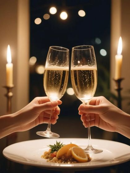 A toast to love. Two glasses of champagne raised over a candlelit dinner, capturing the essence of a romantic celebration.
