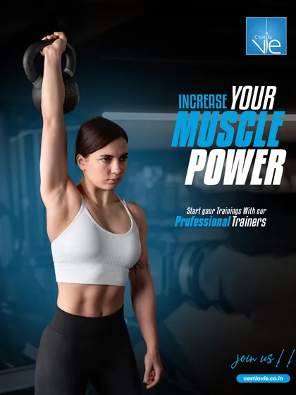 Build real muscle power with guidance from our professional trainers. This shot highlights a member's focused strength during a kettlebell press, demonstrating our commitment to proper form and effective strength training for women.