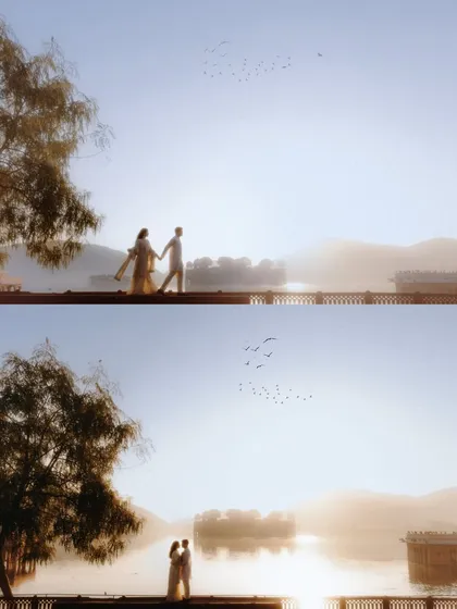 A serene lakeside moment in Jaipur at sunrise. The soft, hazy light and reflection on the water create a poetic and romantic atmosphere for this pre-wedding shoot.
