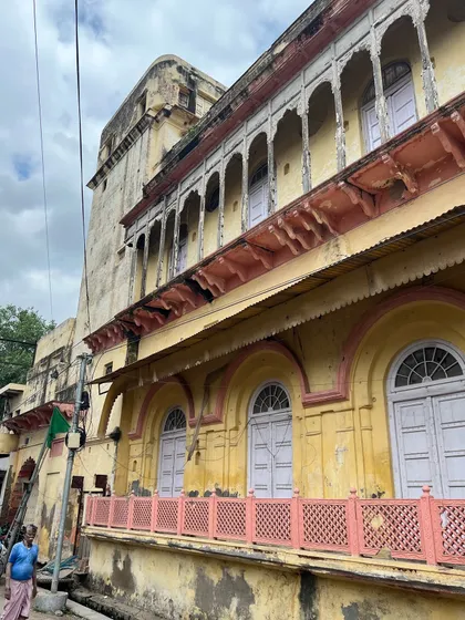 The street-facing facade of the haveli, a magnificent structure that had fallen into disuse, now poised for a new chapter through adaptive reuse.