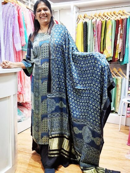 A full view of the modal Ajrakh kurti and dupatta set. This is a great example of how you can create a complete, coordinated look with the fabrics available at my store.